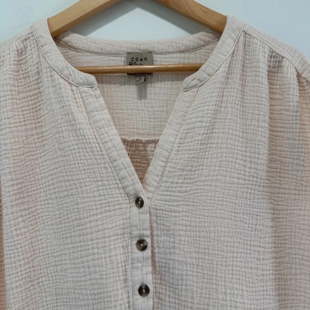 Beachy Gauze Cotton Womens Henley Top Size 2X Light Peach Short Sleeve Crinkle